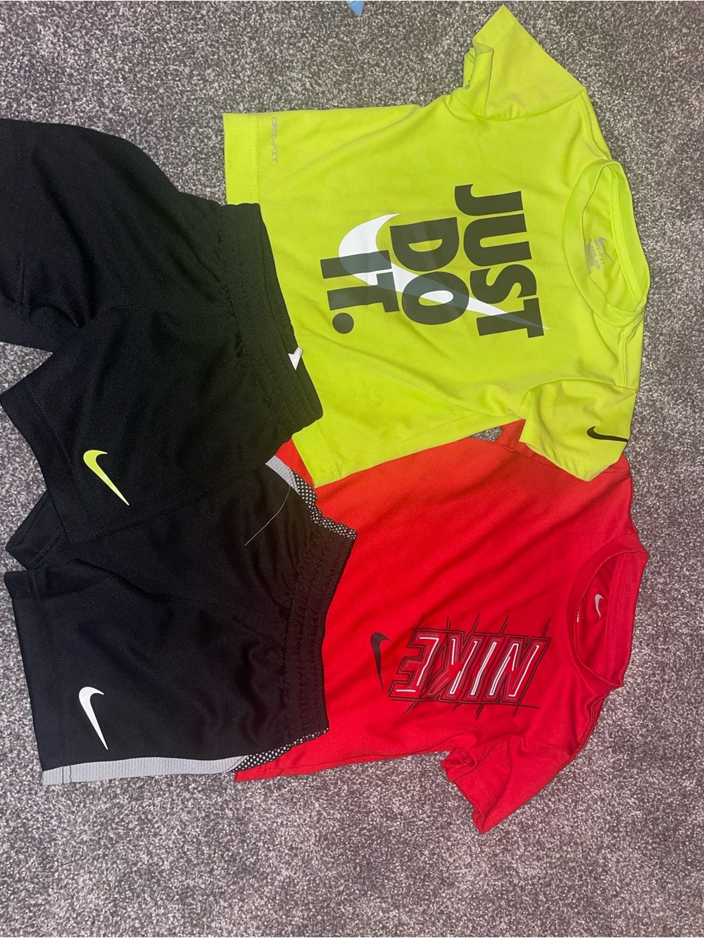 Nike Lime Green & Red Graphic Tees with Black Athletic Shorts